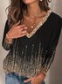 Women's Sequined Rhinestone Long Sleeve Casual Basic V Neck T-Shirt