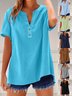 Women's Long Sleeve Shirt Spring/Fall Lake Blue Plain Linen Blend V Neck Daily Going Out Casual Top