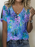 Women's Floral Print Pearl Button V-Neck Short Sleeve T-Shirt