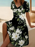 Women's Short Sleeve Summer Black Floral Printing V Neck Daily Going Out Casual Midi A-Line Fit & Flare Dress Dress